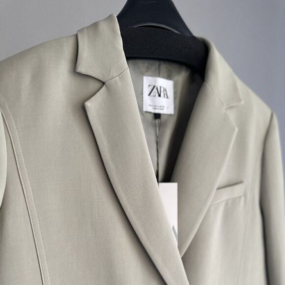 ZARA MENSWEAR STYLE DOUBLE BREASTED BLAZER OVERSIZED LIGHT KHAKI GREEN S M - Picture 2 of 4